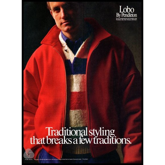 1987 Lobo by Pendleton Vintage Print Ad Striped Wool Sweater Red Coat Wall Art - Picture 1 of 1
